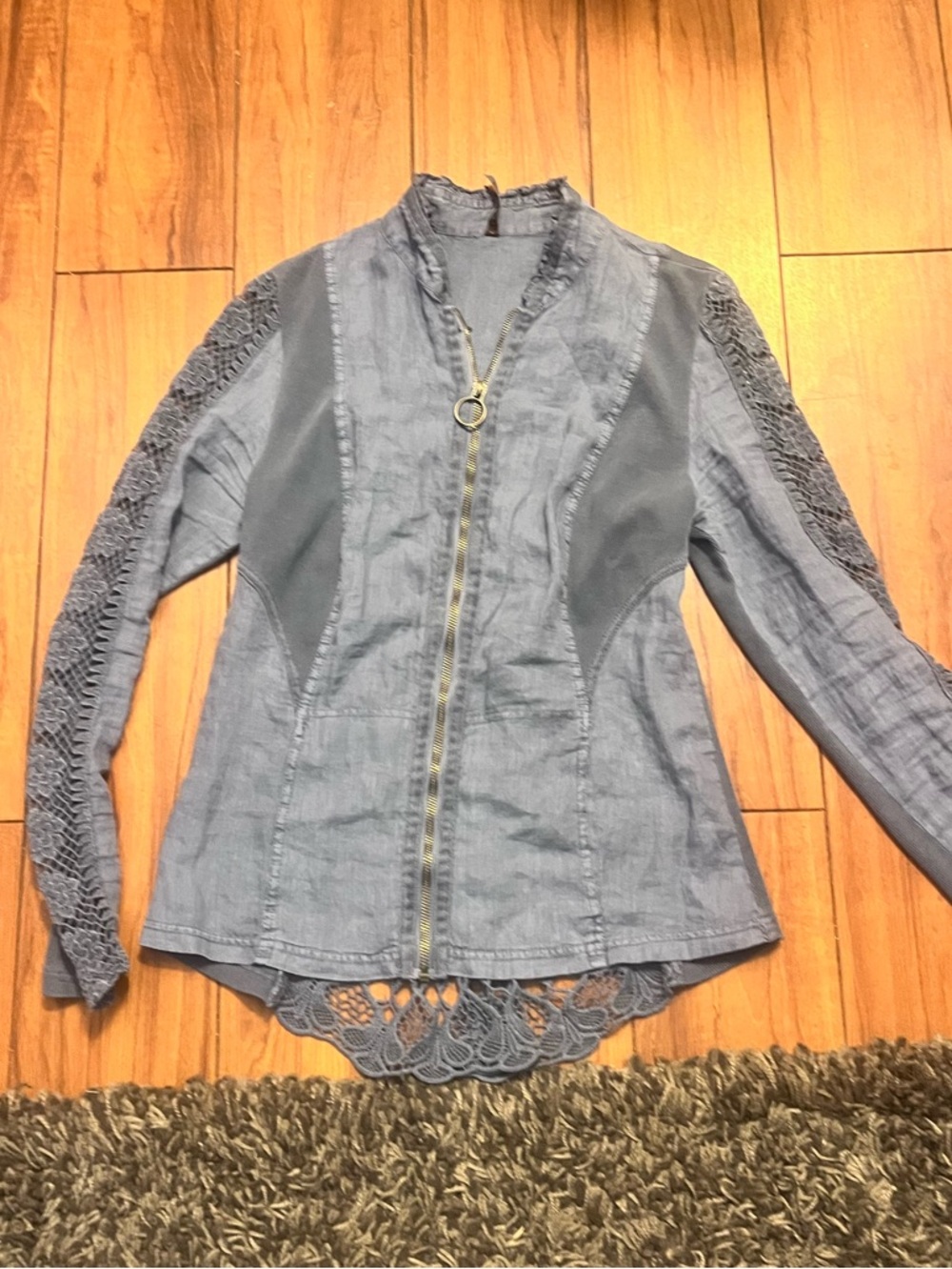 Blue Crochet-Trim Zip Front Women’s Top XCVI